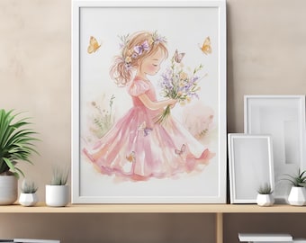 Cute Girl Pink Themed Wall Art, Nursery Print for Kids Room, Adorable Floral Girl Decor, Whimsical Pink Art Poster