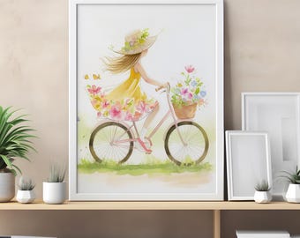 Cute Girl Riding a Bicycle Wall Art for Kids Room, Playroom Decor, Nursery Art Print, Adorable Bicycle Illustration, Children&#39;s Room Decor