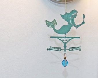 Mermaid Theme Ornament with Glass Charm, Mermaid Weathervane, Window ornament, Garden Decor,