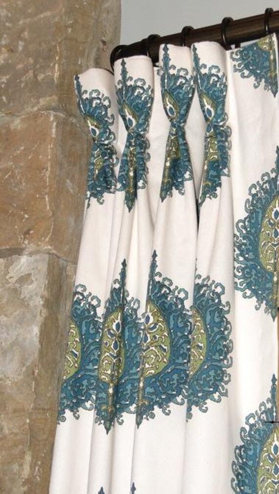 Goblet Pleated Drapes High End Designer Fabric Teal White Etsy