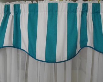 Sale - Window treatment valance teal and white, lined corded 50x18  L
