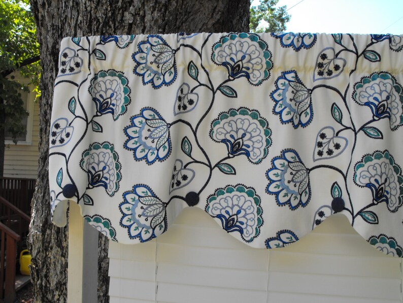 Embroidered Blues on Linen Curtain Valance