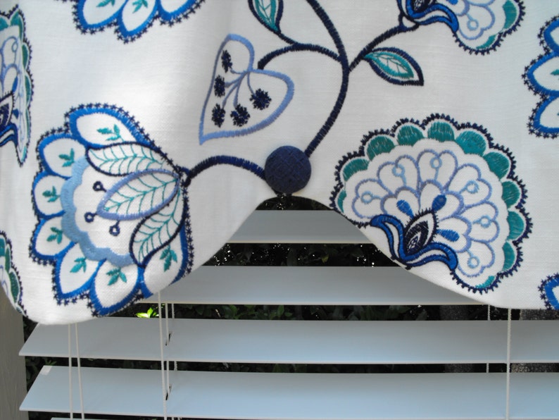 Embroidered Blues on Linen Curtain Valance