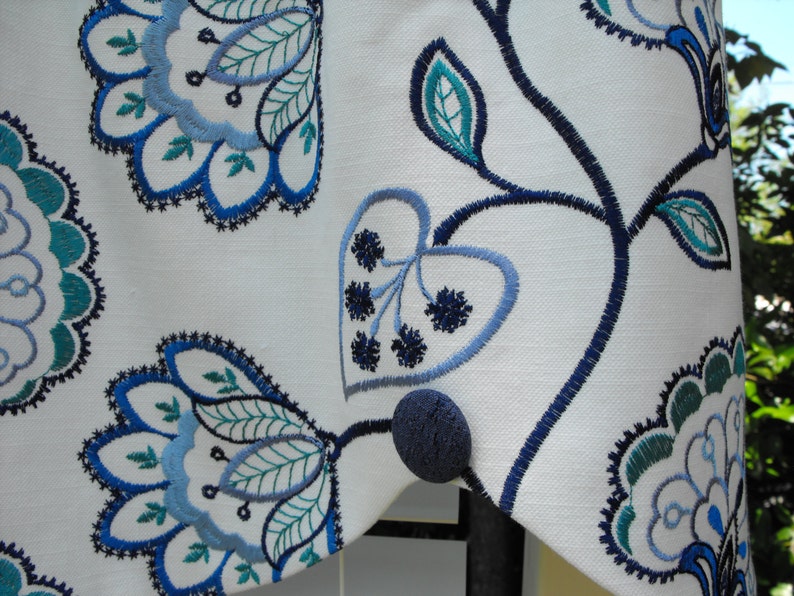 Embroidered Blues on Linen Curtain Valance