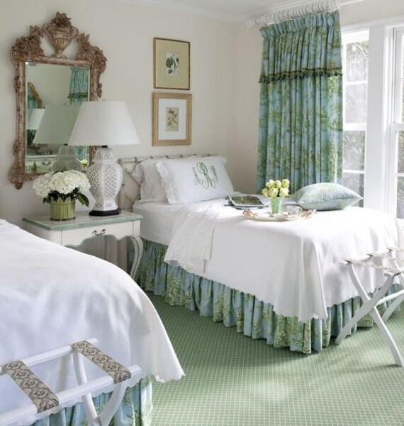 Custom Window Curtains And Bedding In Aqua And Green Toile Etsy