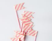 24 Pink & Antique  White Washi Tape Flag Cupcake Toppers, Wedding, Engagement Birthday, Tea Party, Party, baby shower