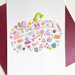 Printable Watercolour Halloween Doodle Pumpkin Print - Digital download