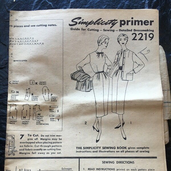 Vintage 1950s Dress with Jacket and Slim Skirt Pattern // Simplicity Primer 2219, size 12 > fitted bodice, wiggle dress