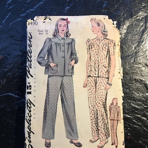 Vintage 1940s Two Piece Pajama Pattern // Simplicity 3490 &gt; size 16 &gt; top, shirt, pants, yoke, pockets