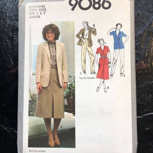 May include: A vintage sewing pattern for a skirt and jacket. The pattern is for sizes 5 and 7 junior. The pattern number is 9086. The pattern shows three different styles of the skirt and jacket.