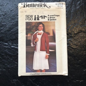 May include: A vintage sewing pattern for a scarf, dress, and jacket. The pattern is from Butterick, pattern number 4594, and is for size 12. The pattern is for moderate stretch knits only. The pattern is for a "Sew & Go" project.