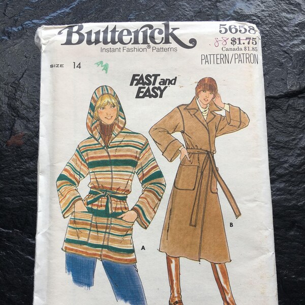 Vintage 1970s Coat Pattern // Butterick 5658 > Size 14 > collar or hood, loose fitting, pockets
