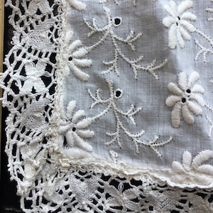 May include: White cotton fabric with a delicate lace border and embroidered floral designs.