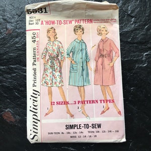 Vintage 1960s Teens&#39; Robe Pattern // Simplicity 5531 &gt; Size 10T &gt; loose-fitting robe, elbow length kimono sleeves, pocket, housecoat