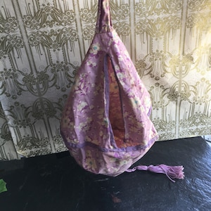 Vintage 1930s Large Crochet, Knitting Bag- Purple Cotton Floral Fabric // 16&quot; &gt; hangs from wrist, holds thread &gt; 1920s-1930s