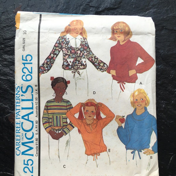 Vintage 1970s Girls' Set of Tops Pattern // McCall's 6215, size 10, Unused or Used > stretch knits only > hoodie, sweatshirt, cowl, pullover