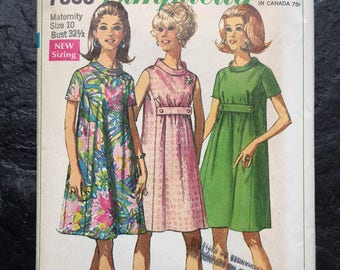 Vintage 1960s Maternity Dress Pattern // Simplicity 7558 > Size 10 > mini-dress, trapeze