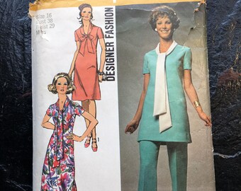 Vintage 1970s Dress or Tunic and Pants... Designer Fashion Pattern // Simplicity 9262 > Size 16 > back zipper, tie collar