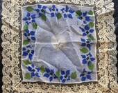 Antique Vintage Hand Painted Fancy Silk Handkerchief Arts Crafts era stencil in blue, green all hand sewn, lace edge