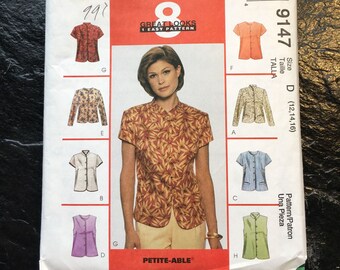 1990s Top Patterns - 8 Great Looks // McCall's 9147 > Size 12-14-16 > Petite-Able, buttons, short or long sleeve shirt, blouse