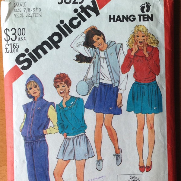 Vintage 1980s Pre-Teens' Hang Ten Sweatshirt Top, Pants, Shorts, Mini-Skirt, Hooded Vest and Bag Pattern // Simplicity 5623, sizes 7-10, 80s
