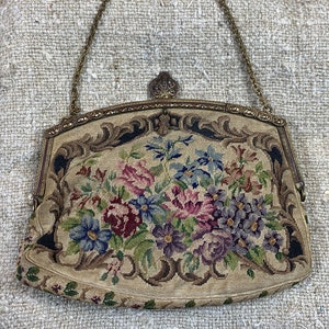 Vintage Micro Petit Point Floral Purse w/Cut Steel & Metal Frame // 6&quot; &gt; Made in Austria, handbag, bag, pocketbook &gt; flowers, garland