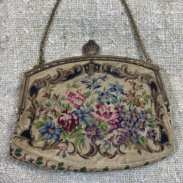 Vintage Micro Petit Point Floral Purse w/Cut Steel & Metal Frame // 6" > Made in Austria, handbag, bag, pocketbook > flowers, garland