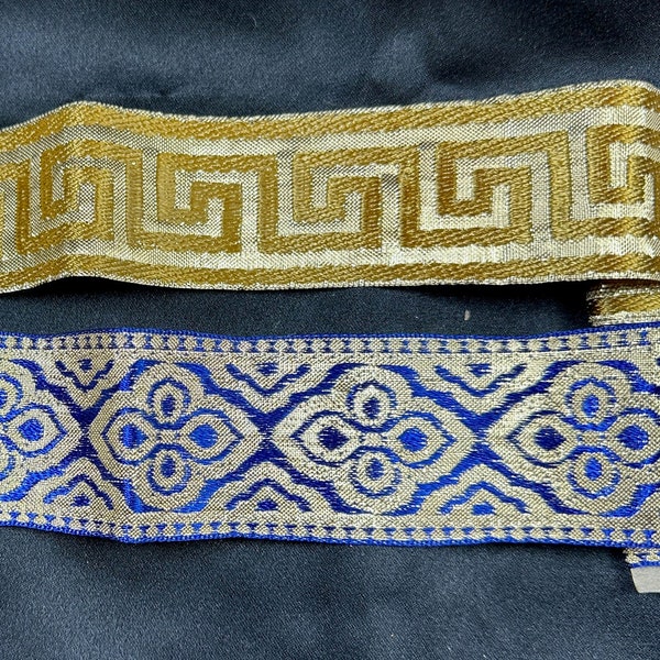 Vintage 1960s-1970s Metallic Gold Jacquard Ribbon Tape Trims // Choice of 2 > unused deadstock > gold Greek Key or blue & gold Quatrefoil