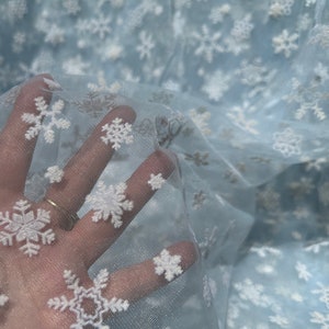 Vintage Ethereal Sheer Flocked Snowflakes Organza Fabric, Sky Blue // 95x64" (2 avail) > unused deadstock > raised fuzzy flakes, soft nylon