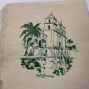 Vintage California Napkins- Set of 4 // 12&quot; &gt; Mid Century, printed in green, Mexican guitar serenade to a fan weilding senorita, mission