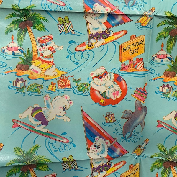 1980s Tropical Island Bears Happy Birthday Wrapping Paper // 20x30" sheet > surfers, windsurfers, hula, dolphins, care bears style