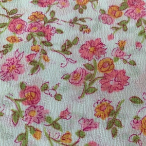 Vintage Neon Pink & Orange Tossed Floral Print Polyester Crepe Fabric // 36x44&quot; &gt; Unused &gt; lightweight, hot pink, pumpkin, sage green, white