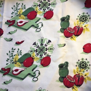 Vintage 1950s-1960s Cotton Kitchen Novelty Print Fabric / 86x36&quot; &gt; red, green, yellow &gt; fruits vegetables mortar pestle &gt; Dutch tulip motifs