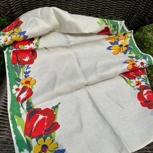 Vintage Printed Linen Kitchen Towel- Red Tulips // 16x29" > Mid-Century flowers, primary colors > 1930s-1940s-1950s