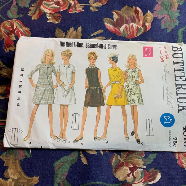 Vintage 1960s Dress Pattern // Butterick 4818 > Size 14 > mini, go-go, A-line seamed-on-a-curve, curved front, 3 sleeve length options