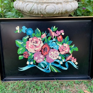 Vintage Hand Painted Tole Tray in Original Box // 11.75x17.75&quot; &gt; Mid-Century kit &gt; pink, blue, purple on black, ribbon & flower bouquet