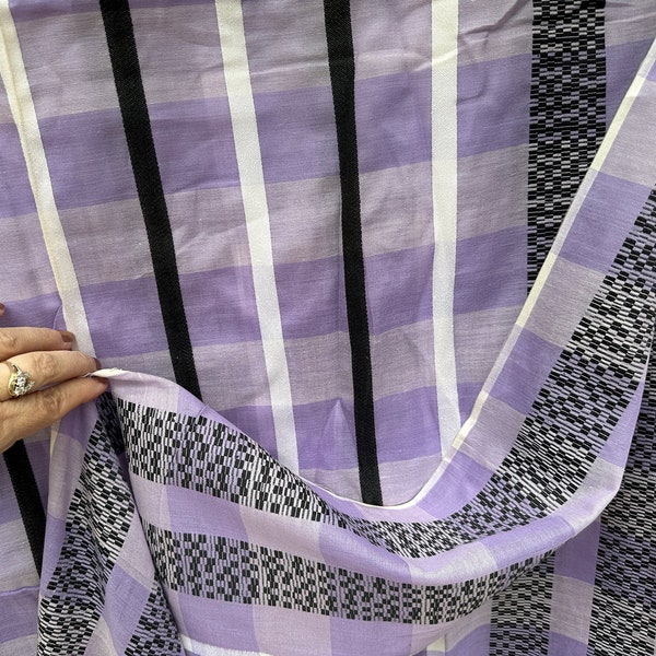 Vintage Woven Plaid & Stripe Border Fabric // 5 yds plus (194x34") > unused deadstock, label > lavender, purple, black, white lg check plaid