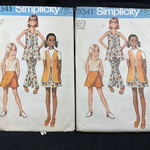 Vintage Early 1970s Girls&#39; Mini-Pantskirt, Pants & Vest Pattern // Simplicity 9341 &gt; Sz 7 and/or 8 1/2 &gt; skort, tennis skirt, shorts