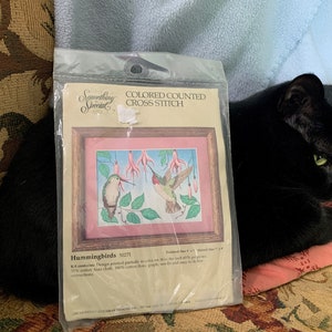 Hummingbirds & Fuchsia Flowers Colored Counted Cross Stitch Kit // 5x7&quot; &gt; DIY project &gt; Unused &gt; color printed Aida cloth