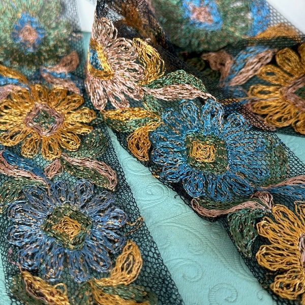 1920s Silk Embroidered Floral Black Net Trim  // 18x2.5" BTHY by the half yard > vintage, antique, appliqué netting ribbon- peacock blue