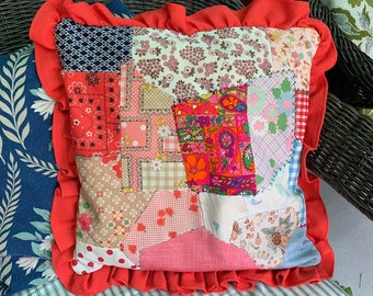 Vintage 1970s Patchwork Pillow Cover // 14x14" > polyester knits, Hawaiian, neon, florals, gingham, bandanna, chambray, bright red ruffle
