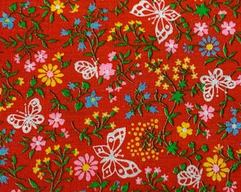 Vintage Bright Red Flower & Butterfly Calico Fabric / 36x9&quot; BTY, by the yard &gt; red, yellow, blue, green, quilting weight, small dense floral
