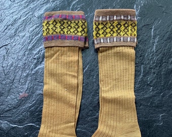 Antique Vintage Child&#39;s Stockings, Hose, Socks // Unused, original Art Nouveau label, NOS &gt; ochre w/ choice: white or red, blue stripes