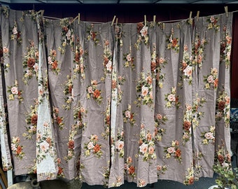 LAST ONE Vintage Mid-Century Barkcloth Fabric Curtain Panel // 14.5x58" > taupe, terracotta, burnt orange roses, pinch pleats