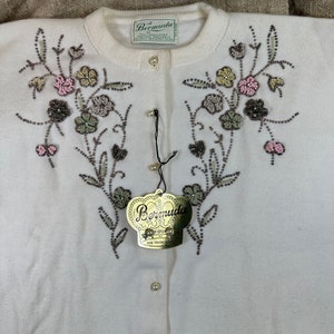 Vintage Beaded Cardigan Sweater // Bermuda brand, original store box, labeled bag, crown tag, extra buttons &gt; cream w/ gold, pastel beads