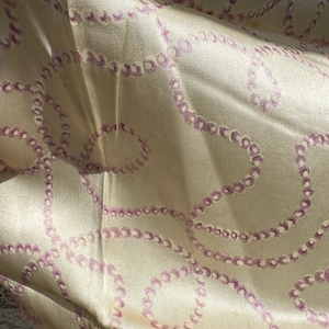 Antique Vintage Silk Fabric w/ Purple Pearls // 27.5x39&quot; &gt; novelty print strings of lavender pearls on ivory cream satin