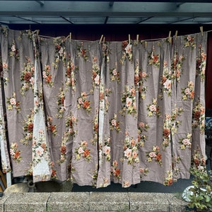 LAST ONE Vintage Mid-Century Barkcloth Fabric Curtain Panel // 14.5x58&quot; &gt; taupe, terracotta, burnt orange roses, pinch pleats