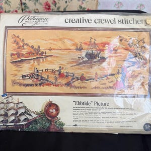 Rare 1970s Vintage Crewel Stitchery Kit- Ebbtide Picture // 22x44" > Paragon 0111 > unused deadstock, stamped mustard golden yellow homespun