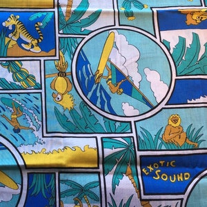 Vintage Quirky Novelty Hawaii Fabric // 38x60&quot; &gt; windsurfing, &#39;Honolulu Beach&#39;, &#39;Exotic Sound&#39;, monkeys, lions, tigers, islands