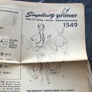 Modello giacca bolero vintage Mod anni &#39;50 inutilizzato // Simplicity Primer 1549, taglia 14